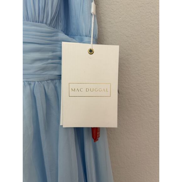 Mac Duggal Light Blue Sleeveless Halter Neck Ruche Skirt Ruffle Dress Size 12 - Picture 3 of 9